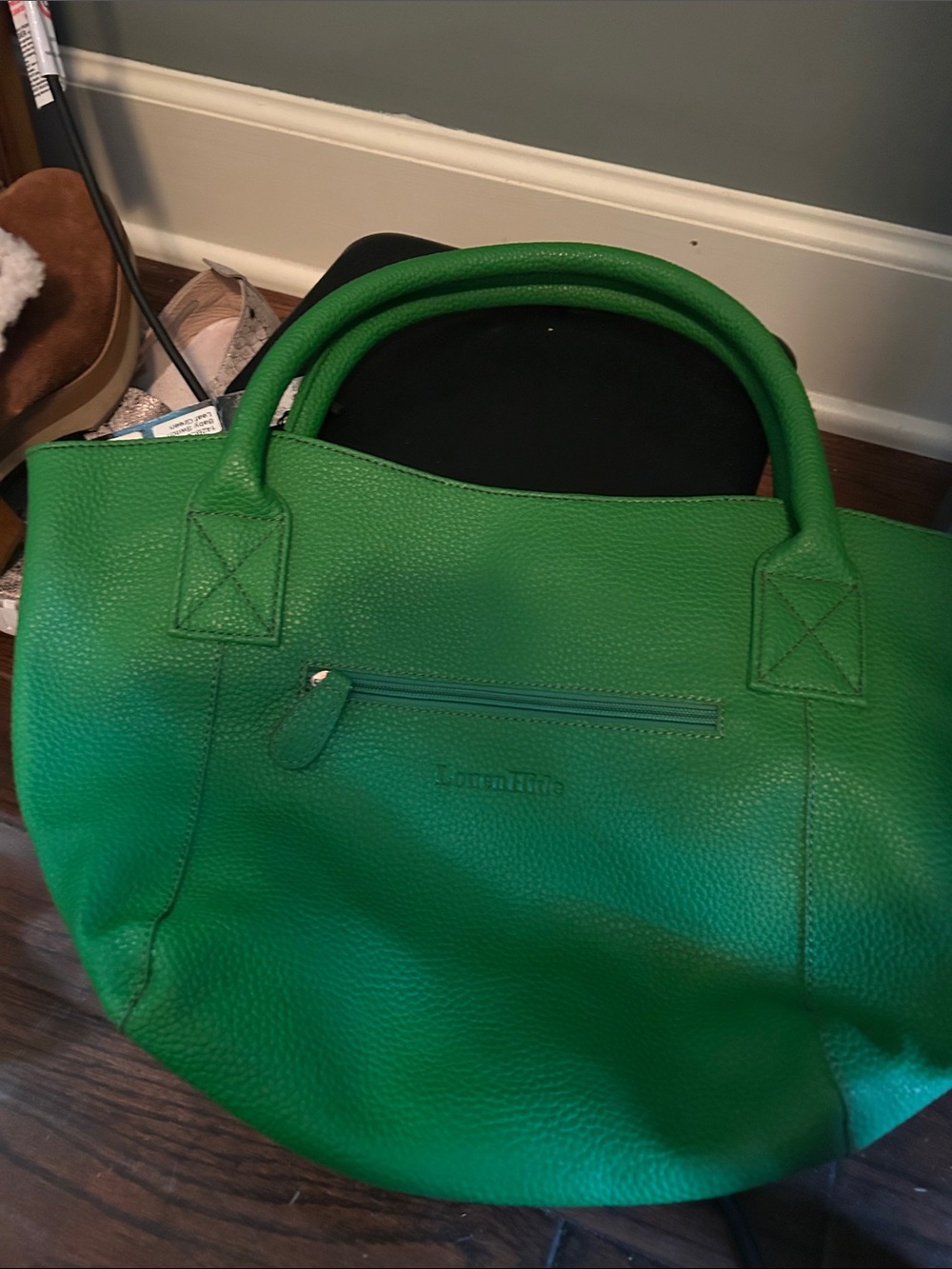 Emerald Green Leather Tote with Front Zip Pocket